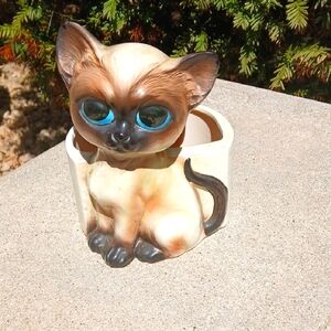 Vintage Lefton H5974 Glazed Siamese CAT Siamese Cat Planter with Blue Eyes